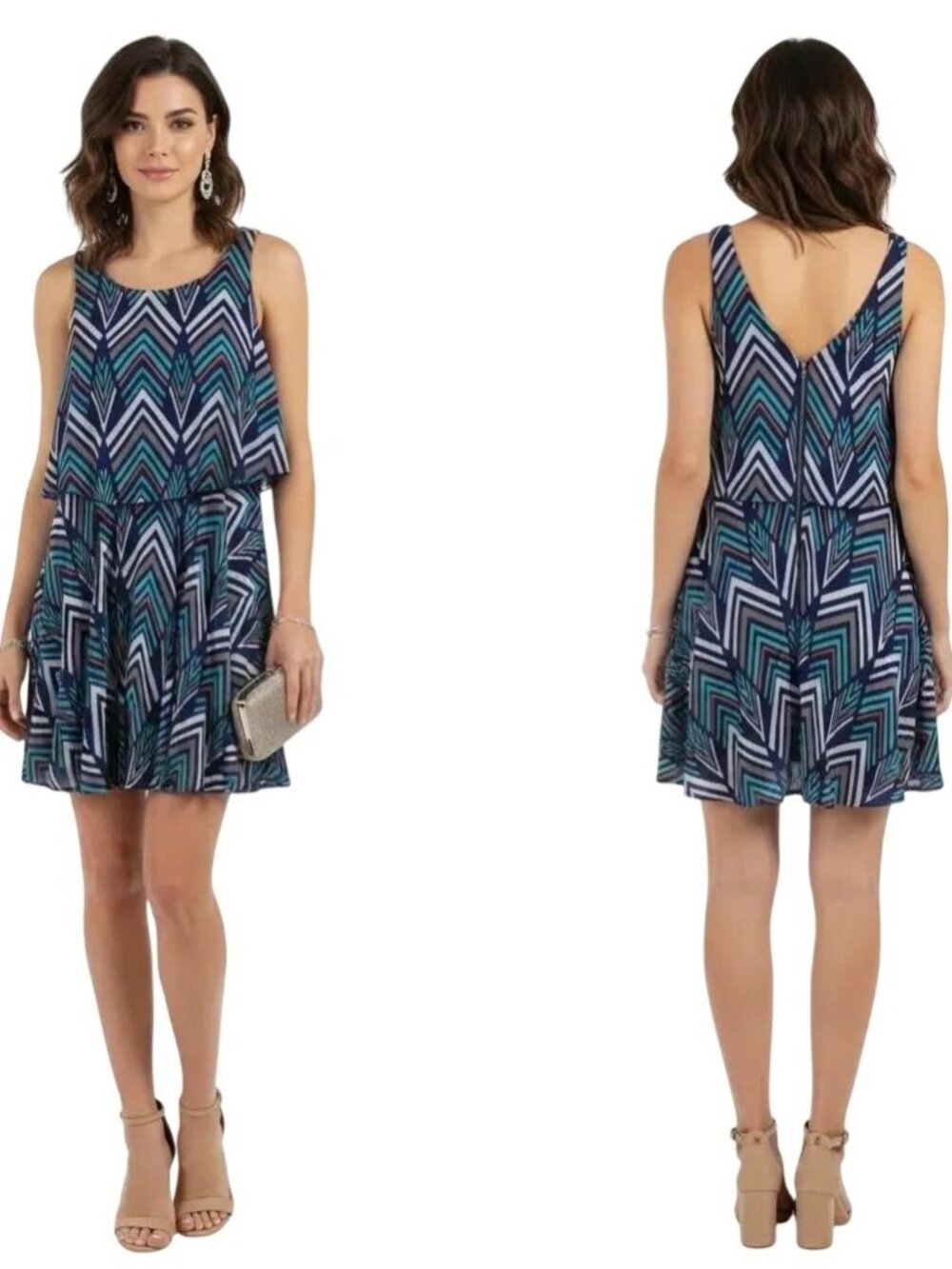 Sequin Hearts Women's Layered Look Chevron Print Sleeveless Mini Dress Size 5 - Picture 11 of 11